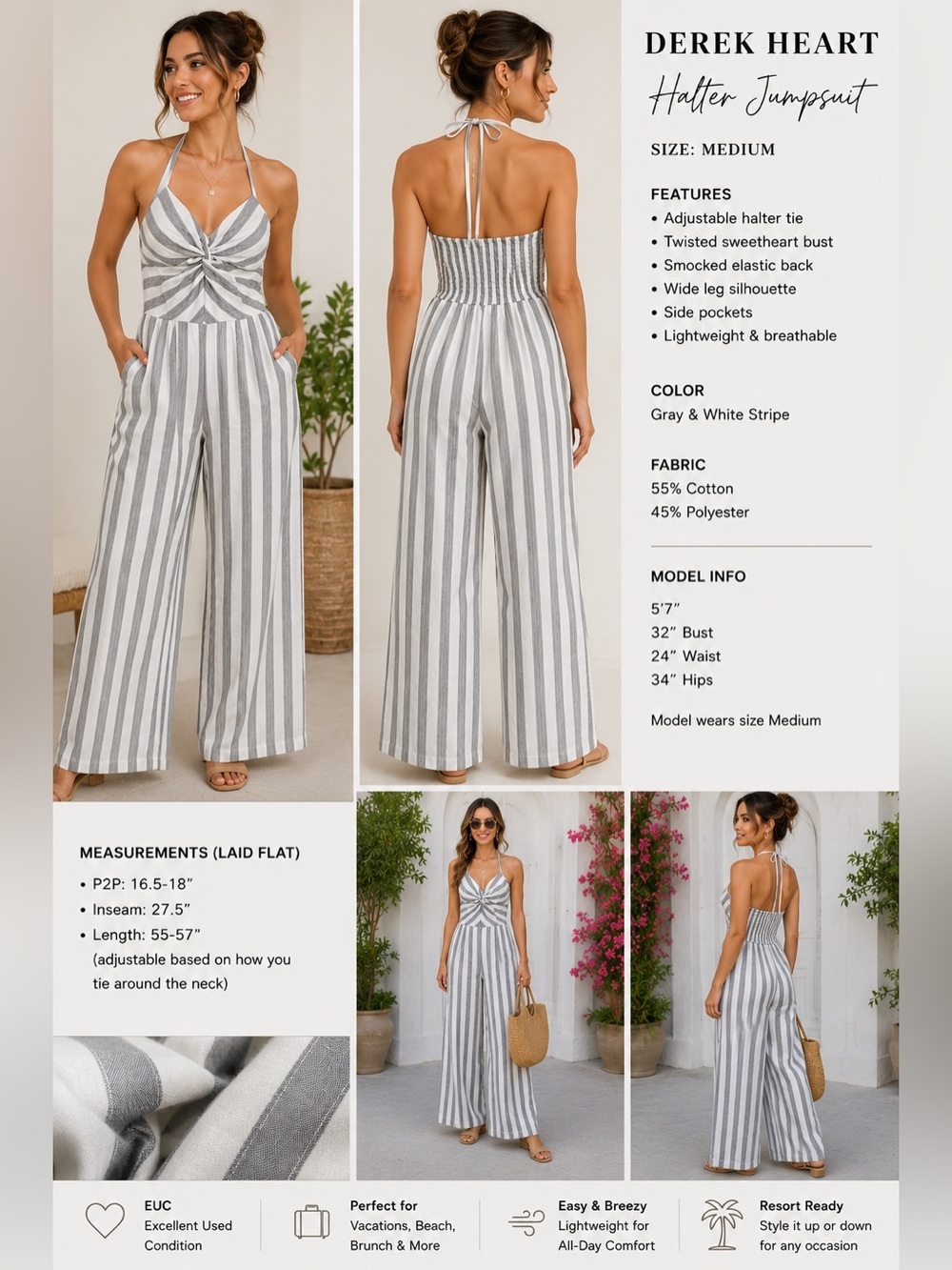 Derek Heart Gray White Stripe Halter Jumpsuit Wide Leg Smocked Back Size M